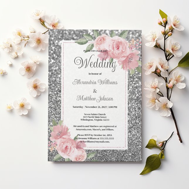 Invitation Silver sparkly glitter pink floral Wedding  (Silver sparkly glitter pink floral Wedding )