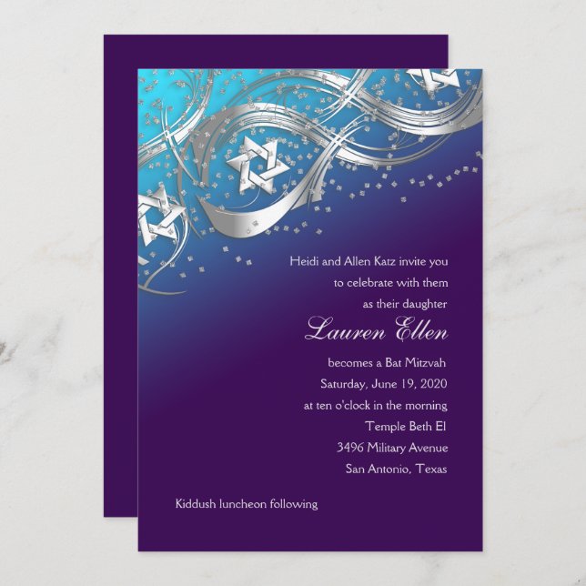 Invitation Silver Star Confetti Flourish Mitzvah Turquoise (Devant / Derrière)