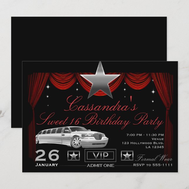Invitation Silver Star Red Limo Hollywood fête d'anniversaire (Devant / Derrière)