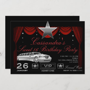 Invitation Silver Star Red Limo Hollywood fête d'anniversaire