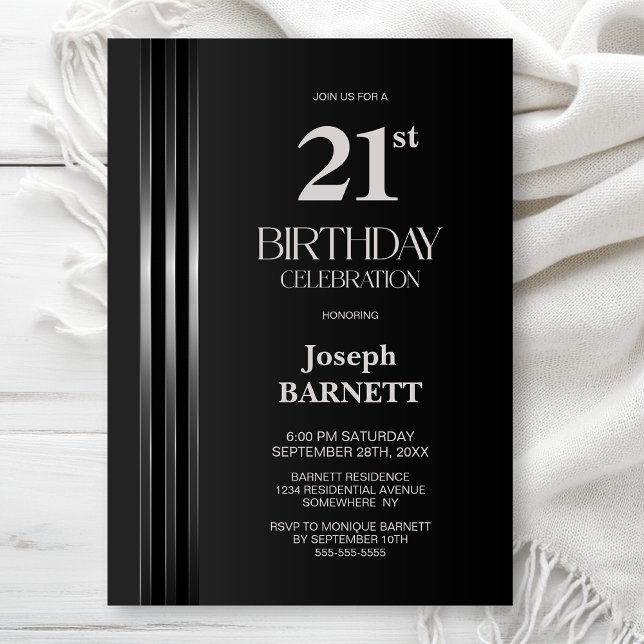 Invitation Silver Striped Black Grey 21st Birthday Party (Créateur téléchargé)