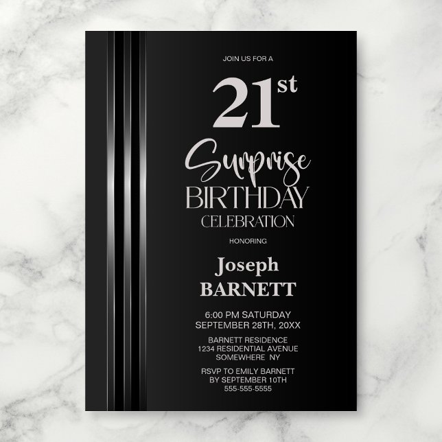 Invitation Silver Striped Black Grey 21st Surprise Birthday (Créateur téléchargé)