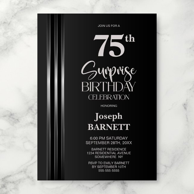 Invitation Silver Striped Black Grey 75th Surprise Birthday (Créateur téléchargé)