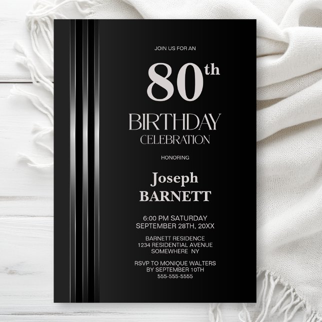 Invitation Silver Striped Black Grey 80th Birthday Party (Créateur téléchargé)