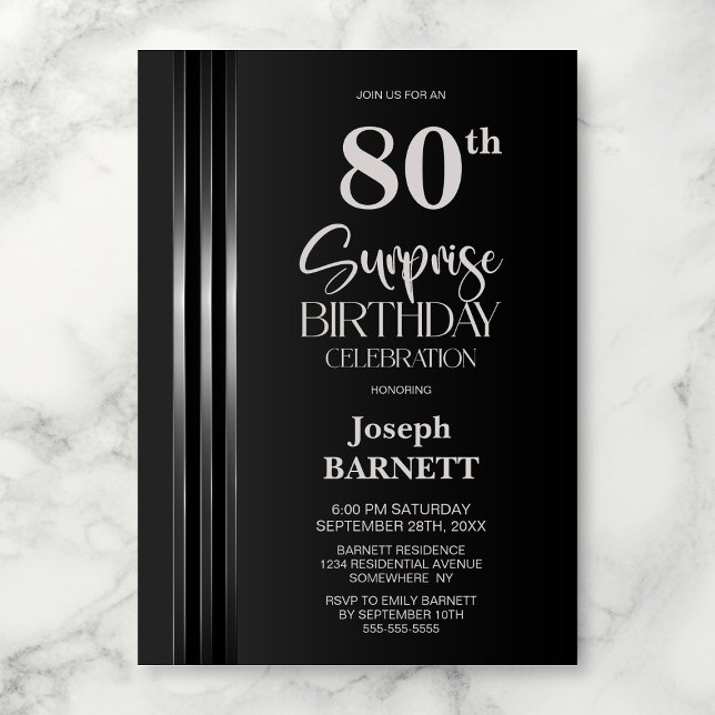 Invitation Silver Striped Black Grey 80th Surprise Birthday (Créateur téléchargé)