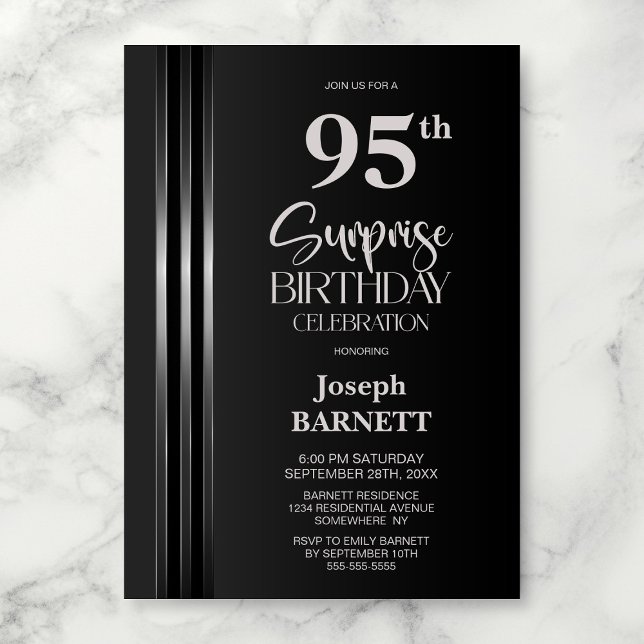 Invitation Silver Striped Black Grey 95th Surprise Birthday (Créateur téléchargé)