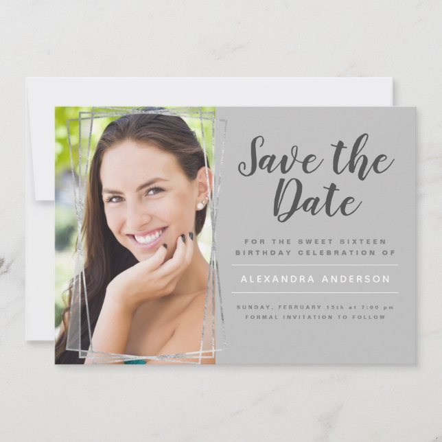 Invitation Silver Sweet 16 Anniversaire Sauvegarder la date (Devant)