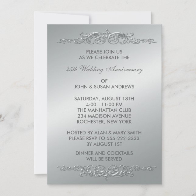 Invitation Silver Swirls 25e anniversaire de Mariage (Devant)