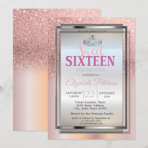 Invitation Silver Tiara, Rose Gold Parties scintillant Sweet 