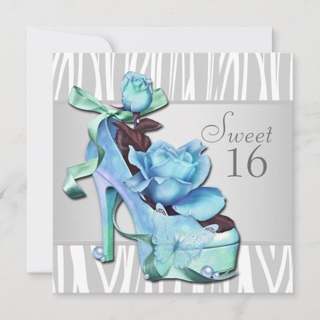 Invitation Silver Turquoise Bleu Zèbre Doux 16 fête d'anniver (Devant)