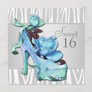 Invitation Silver Turquoise Bleu Zèbre Doux 16 fête d'anniver