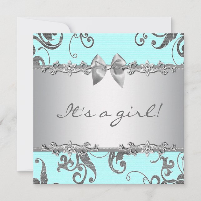 Invitation Silver Turquoise Blue Baby Girl Douche (Devant)