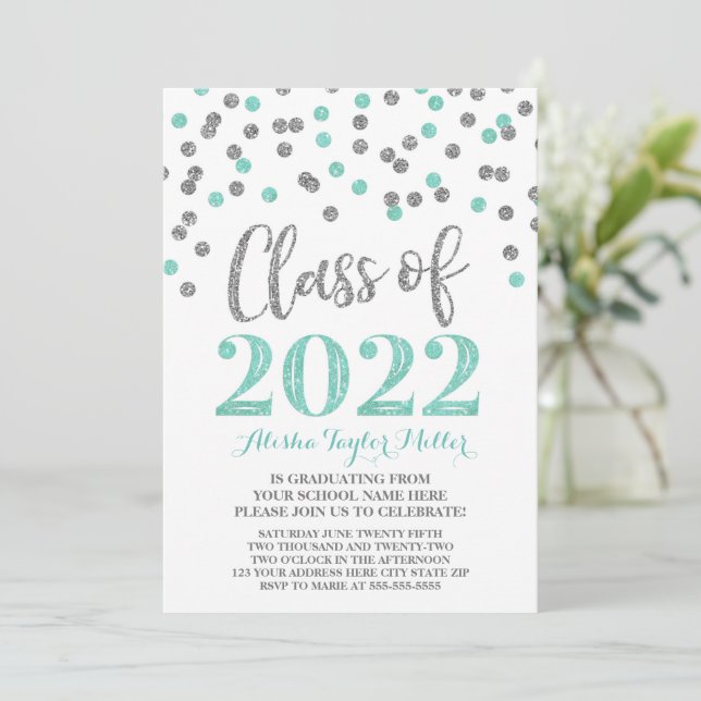 Invitation Silver Turquoise Confetti Graduation Party 2022 (Debout devant)