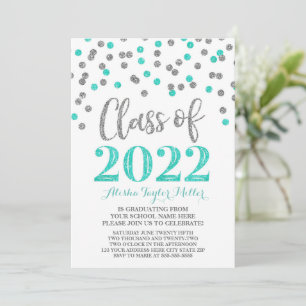 Invitation Silver Turquoise Confetti Graduation Party 2022