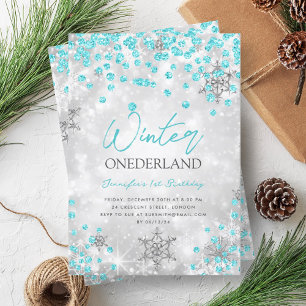 Invitation Silver Turquoise Hiver ONEDERLAND 1er anniversaire