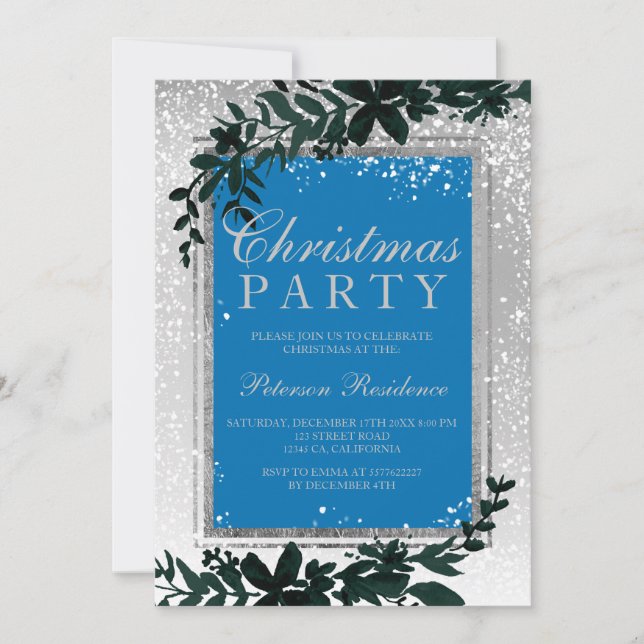 Invitation Silver typographie feuille neige élégante chic Noë (Devant)