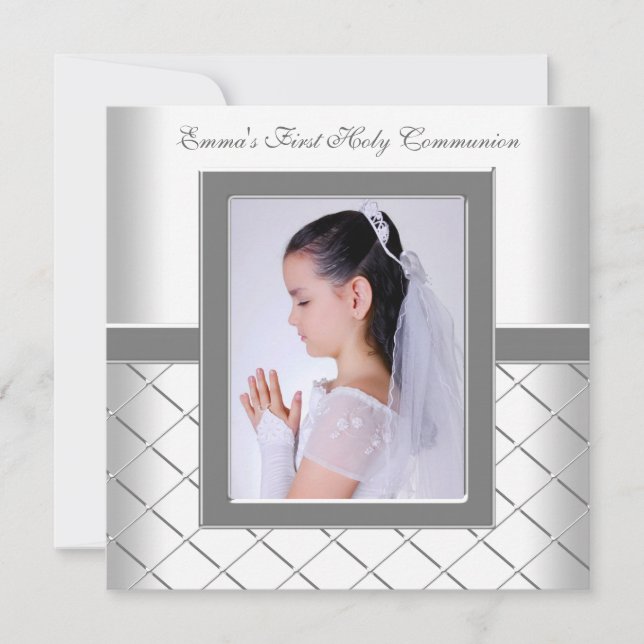 Invitation Silver White Photo Girls 1st Communion (Devant)