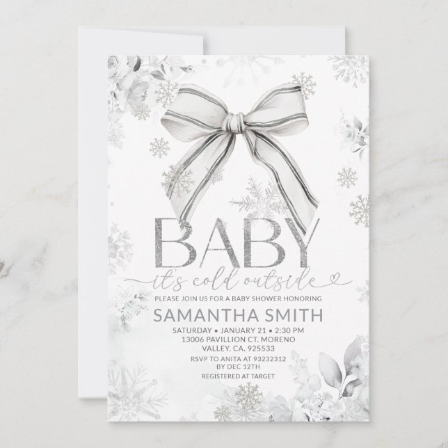Invitation Silver Winter Bow It's Cold Outside Baby Shower (Devant)