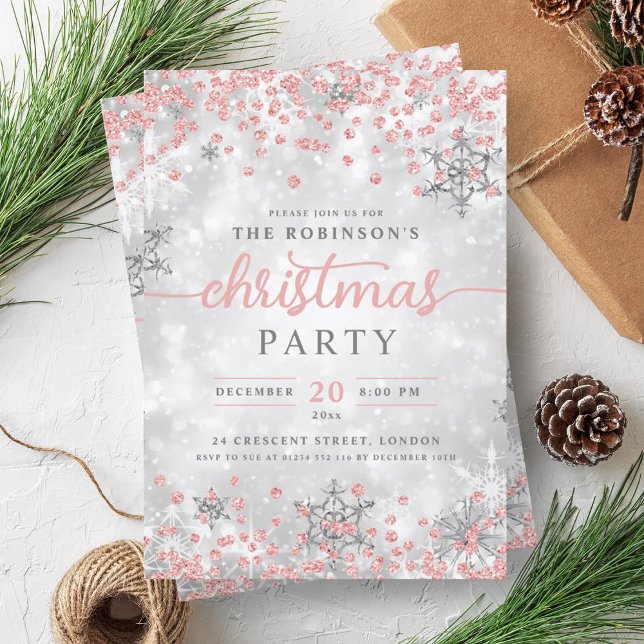 Invitation Silver Winter Diamonds Rose de Noël Or (Silver Winter Diamonds Christmas Rose Gold Invitation)
