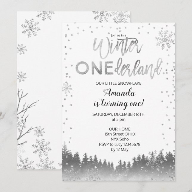 Invitation Silver Winter ONE derland Neige Anniversaire Invit (Devant / Derrière)