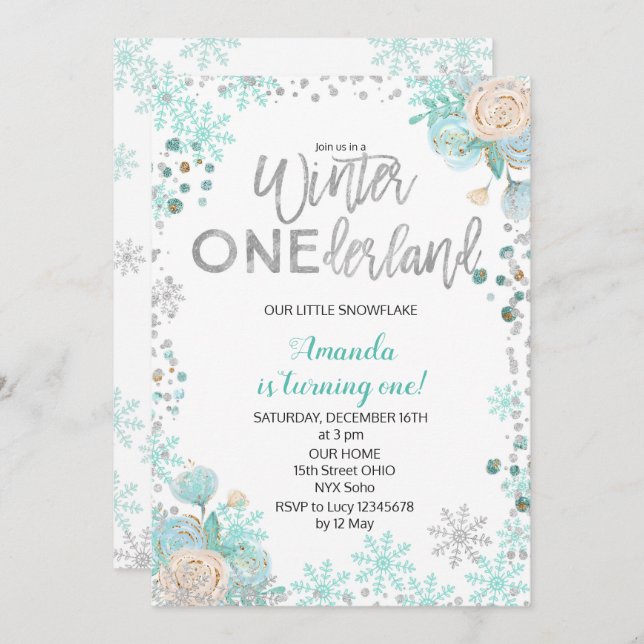 Invitation Silver Winter ONE derland Neige Birthday Invitatio (Devant / Derrière)