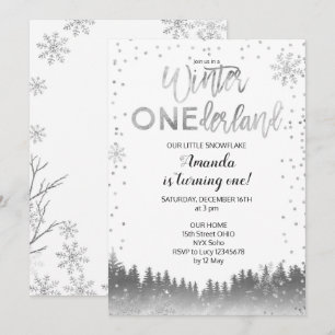 Invitation Silver Winter ONE derland Neige Birthday Invitatio