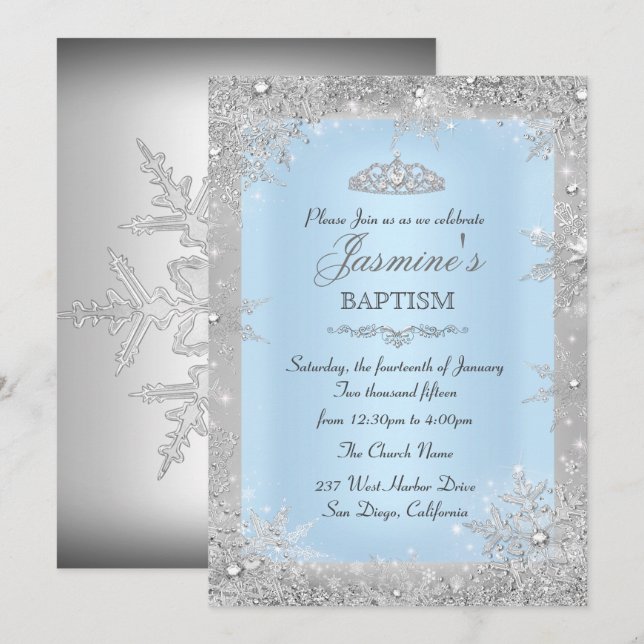 Invitation Silver Winter Wonderland Baptême Bleu Christening (Devant / Derrière)