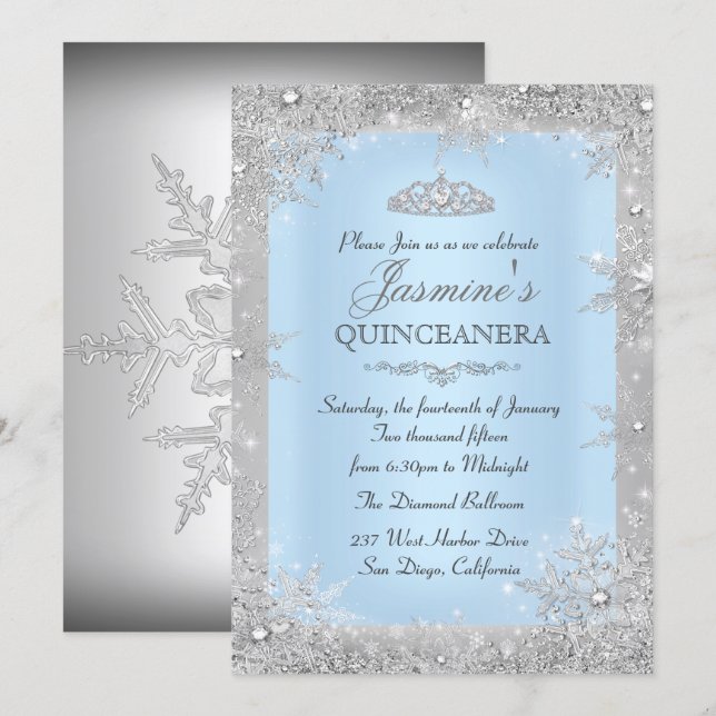Invitation Silver Winter Wonderland Blue Quinceanera Invitati (Devant / Derrière)