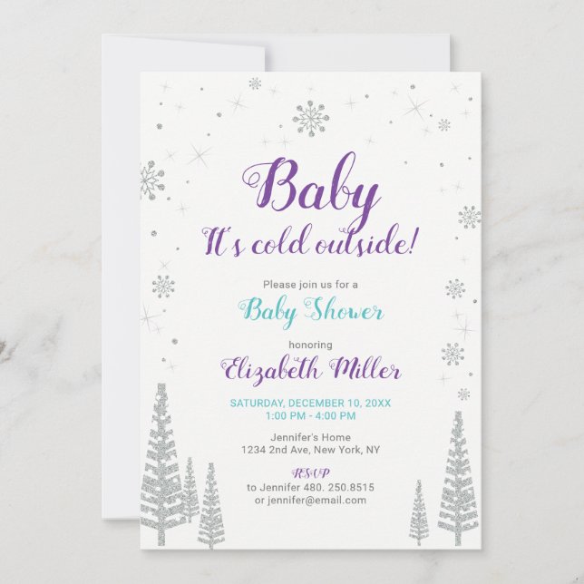 Invitation Silver Winter Wonderland - Fille Baby shower Invit (Devant)