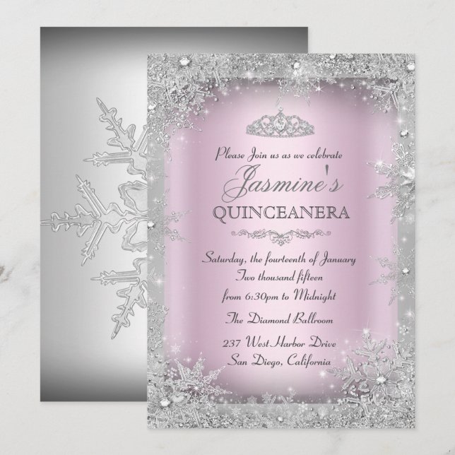 Invitation Silver Winter Wonderland Pink Quinceanera Party (Devant / Derrière)