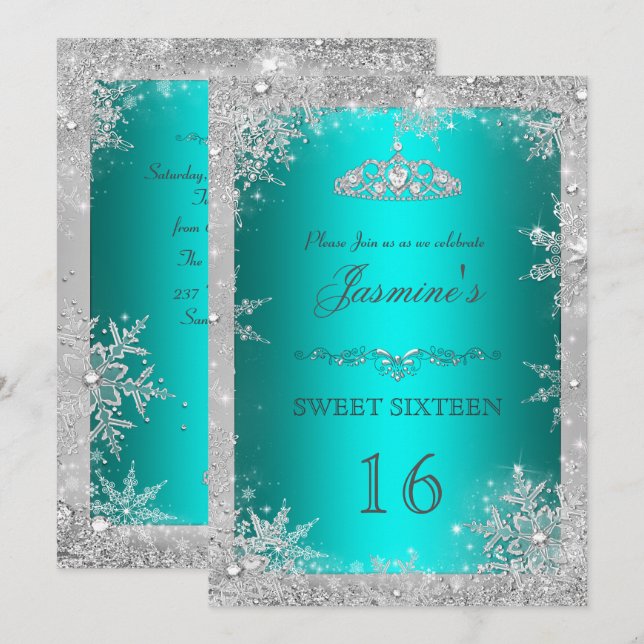 Invitation Silver Winter Wonderland turquoise doux 16 Invitat (Devant / Derrière)