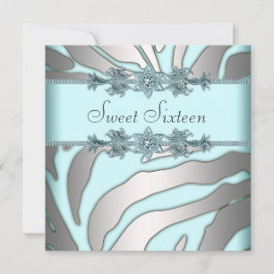 Invitation Silver Zebra Turquoise Blue Sweet 16 Anniversaire