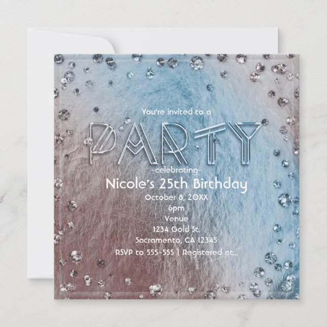 Invitation Silvery Blue Faux Foil Bling Anniversaire (Devant)