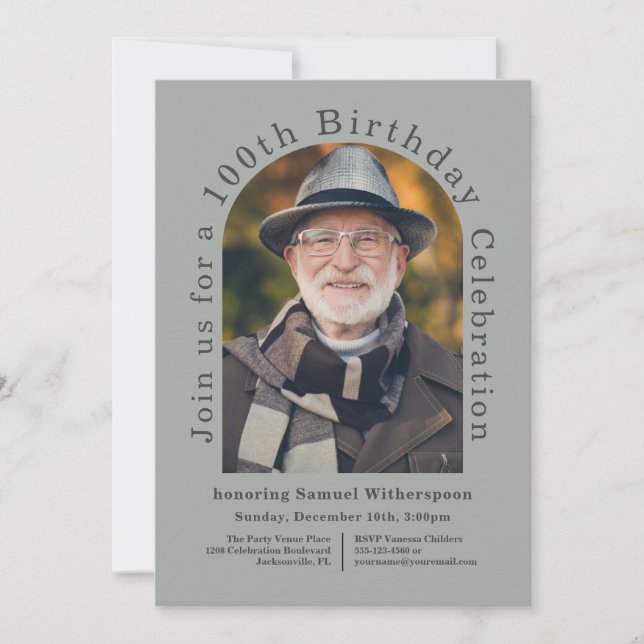 Invitation Simple 100e fête d'anniversaire avec 1 photo (Devant)