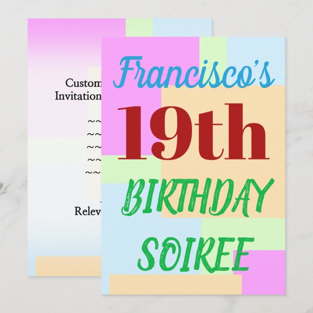 Invitation Simple "19ème anniversaire SOIREE" (Devant / Derrière)