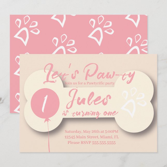 Invitation Simple Anniversaire Chien Os Paw ty Party Crème ro (Devant / Derrière)