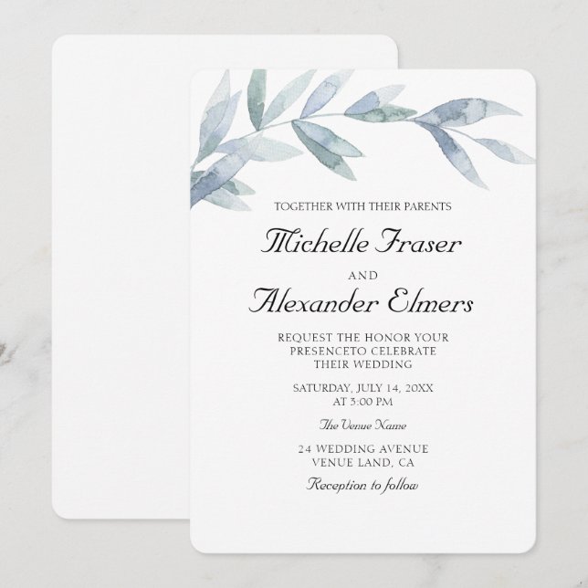 Invitation Simple aquarelle botanique feuilles Élégant mariag (Devant / Derrière)