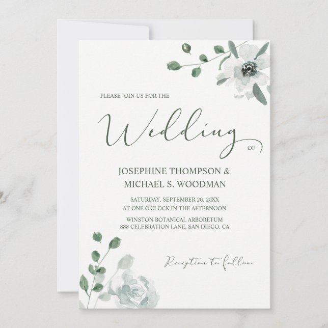 Invitation Simple Aquarelle Botanique Vert Mariage Script (Devant)