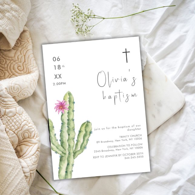 Invitation Simple aquarelle Cuctus Fleur Croix Baptême (Simple Watercolor Cuctus Flower Cross Baptism Invitation)