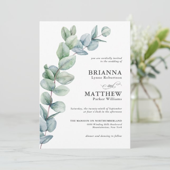 Invitation Simple aquarelle Eucalyptus Mariage vert (Debout devant)