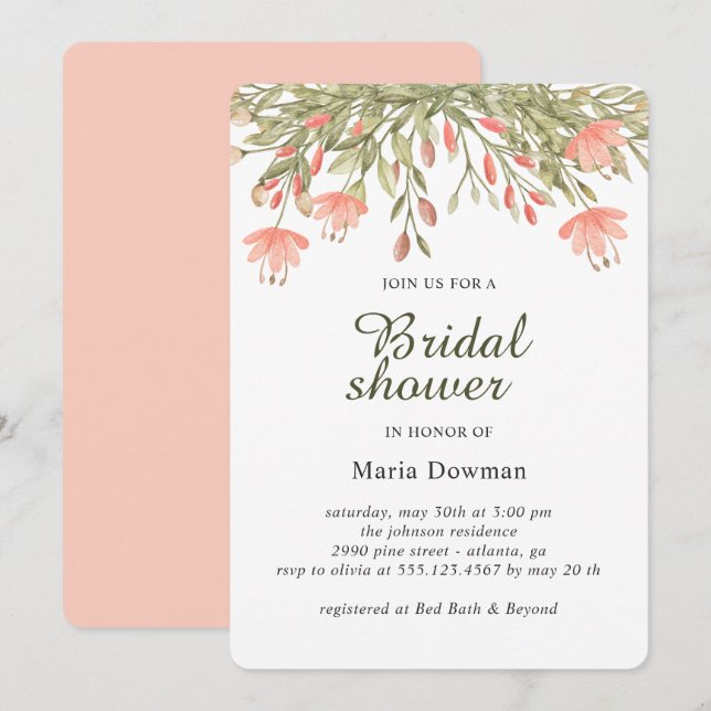 Invitation Simple Aquarelle fleur sauvage Fête des mariées fl (Devant / Derrière)