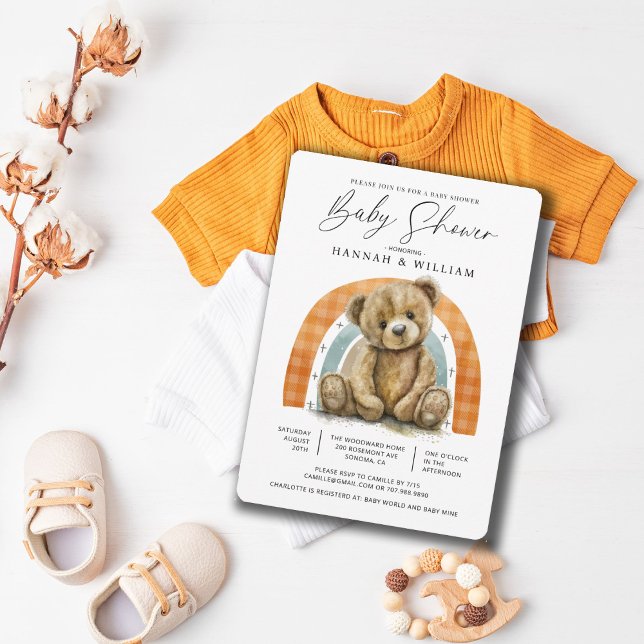 Invitation Simple aquarelle Teddy Bear Rainbow Baby shower (Créateur téléchargé)