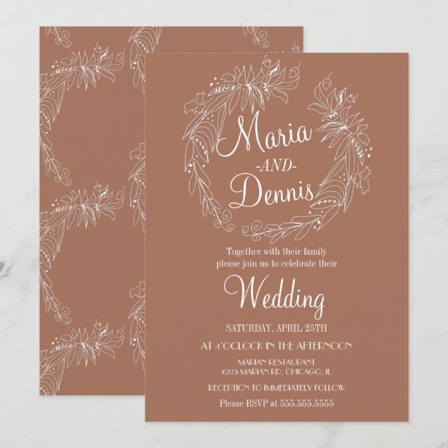 Invitation Simple Automne Terracotta Ligne verte Wreath (Devant / Derrière)