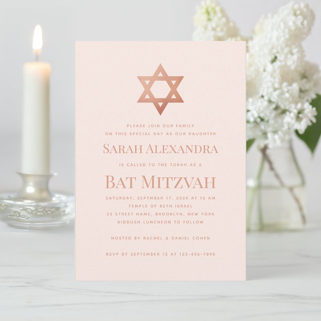 Invitation Simple Bar Mitzvah rose gold rose Bat mitzvah étoi (Créateur téléchargé)