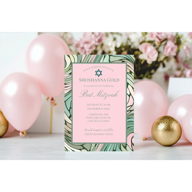 Invitation Simple Bat Mitzvah Moderne Rose et Vert (Créateur téléchargé)
