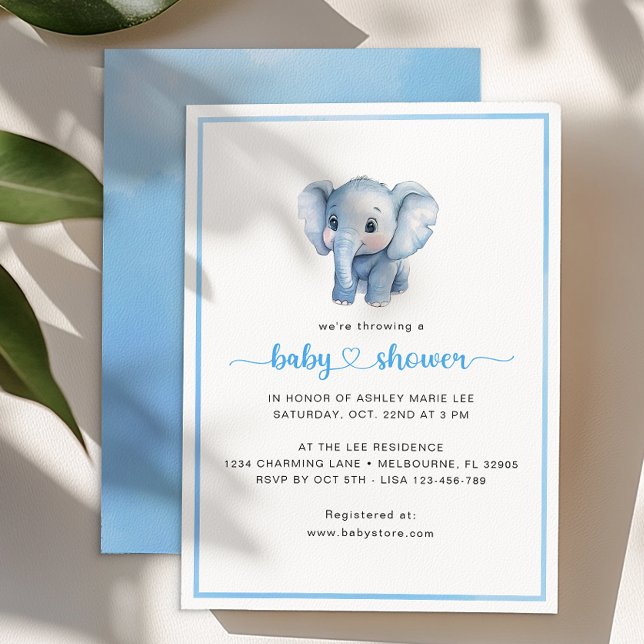 Invitation Simple bébé garçon douche aquarelle Eléphant (Simple Elephant Baby Shower Invitation)