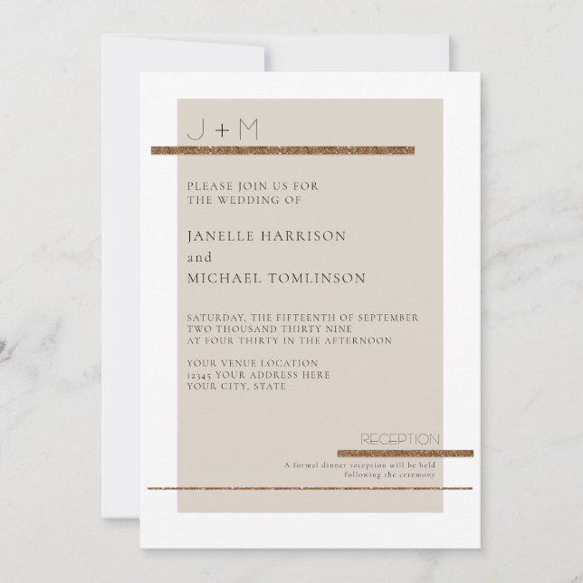Invitation Simple Beige minime moderne Tan Gold Deco Wedding (Devant)