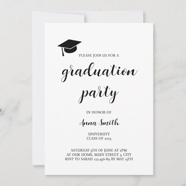 Invitation simple Black and White Graduation Party (Devant)