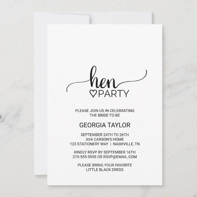 Invitation Simple Black Calligraphie Hen Party (Devant)