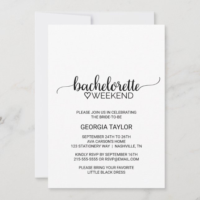 Invitation Simple Black Calligraphy Bachelorette Week-end (Devant)